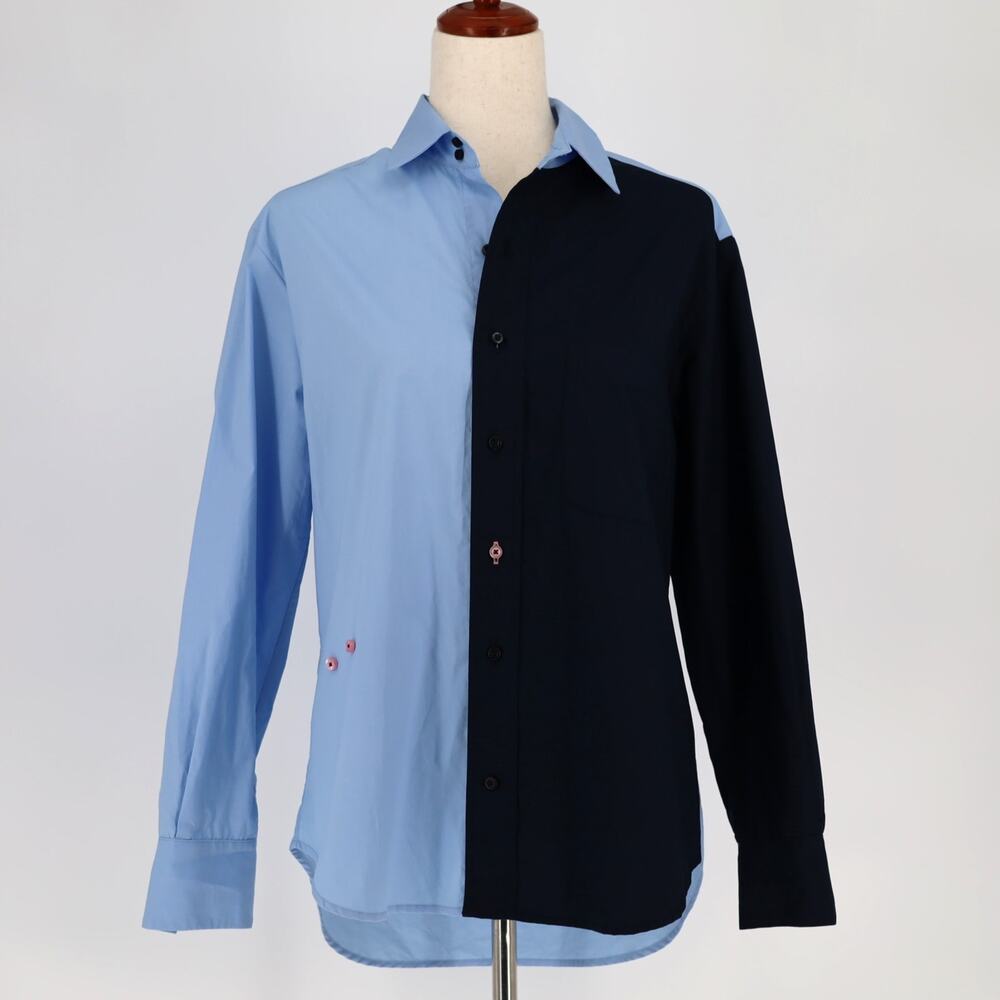 CISSA Women Blue/Navy Color Blocked Cotton Poplin Button Down Shirt Size XS/S - Picture 3 of 9